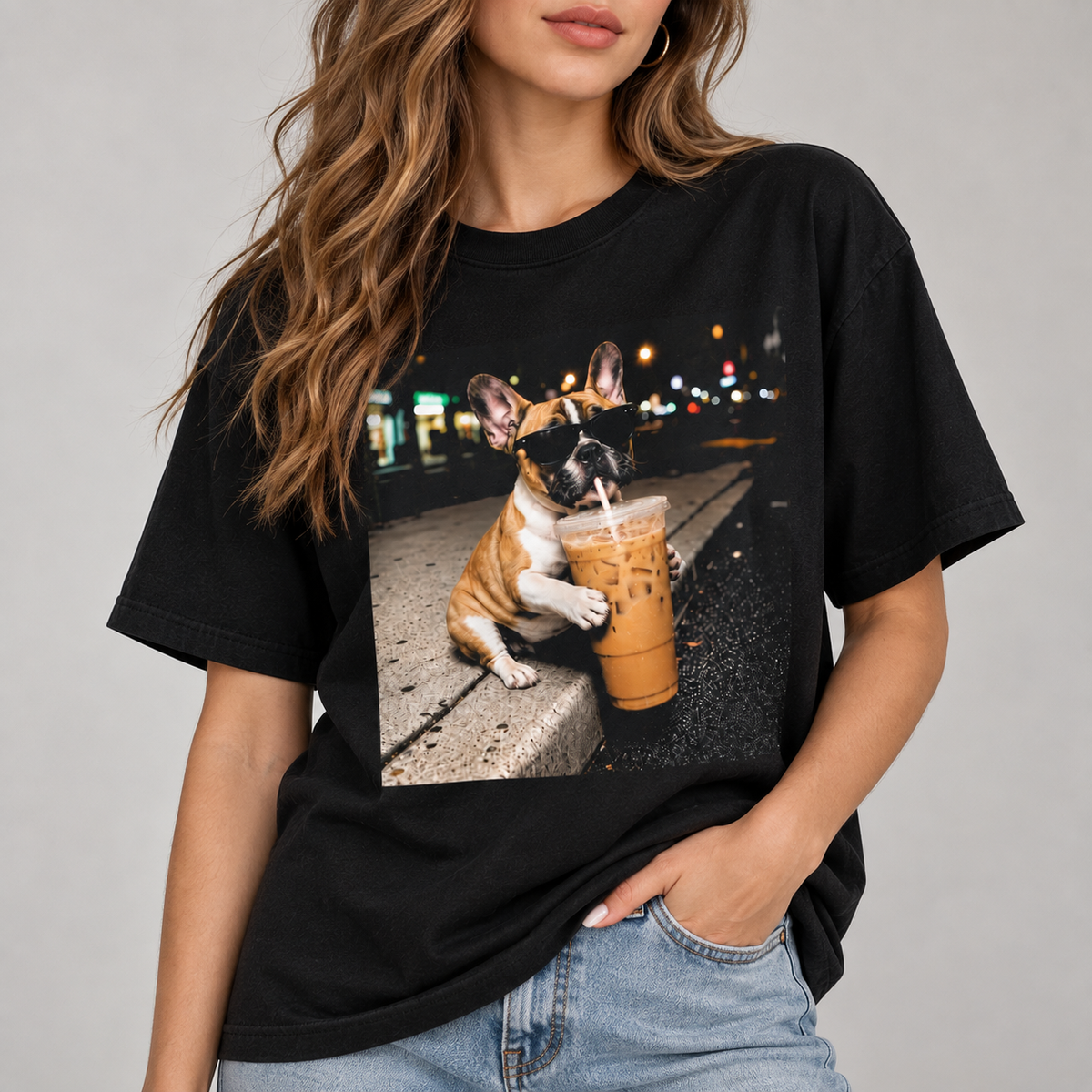 Funny French Bulldog Iced Coffee T-Shirt Frenchie Coffee Lover