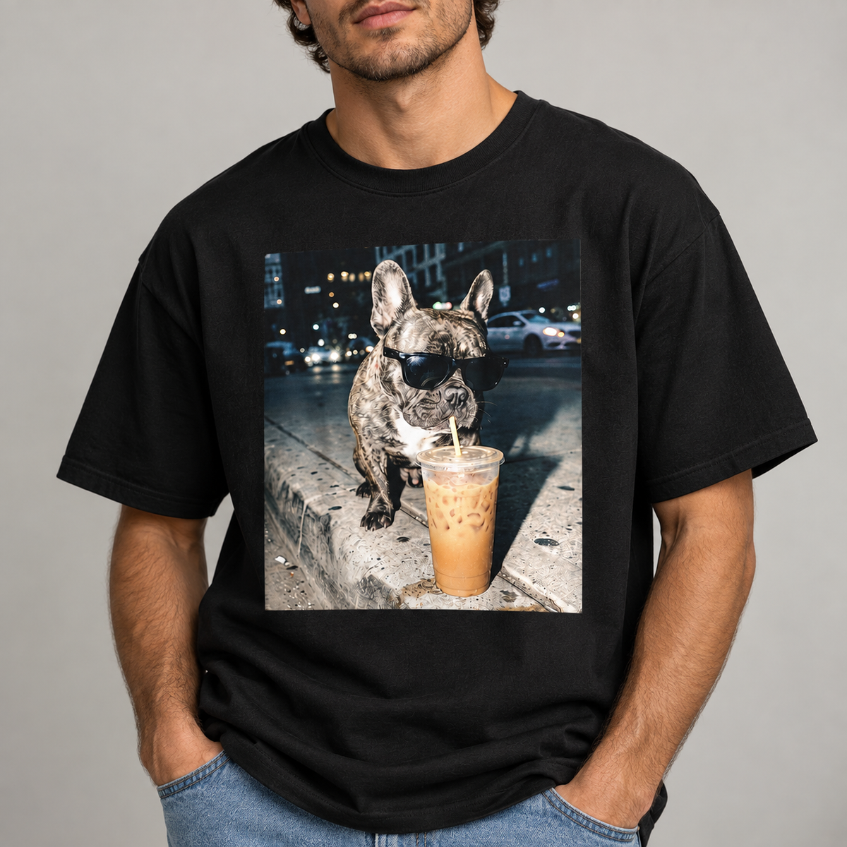 French Bulldog Iced Coffee Graphic T-Shirt Funny Frenchie Dog Lover Tee