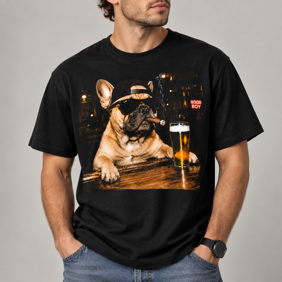 Funny French Bulldog Good Boy Bar Graphic T-Shirt Dog Lover