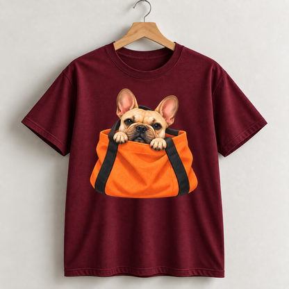 Cute French Bulldog T-Shirt – Frenchie in Bag Graphic Tee for Dog Lovers