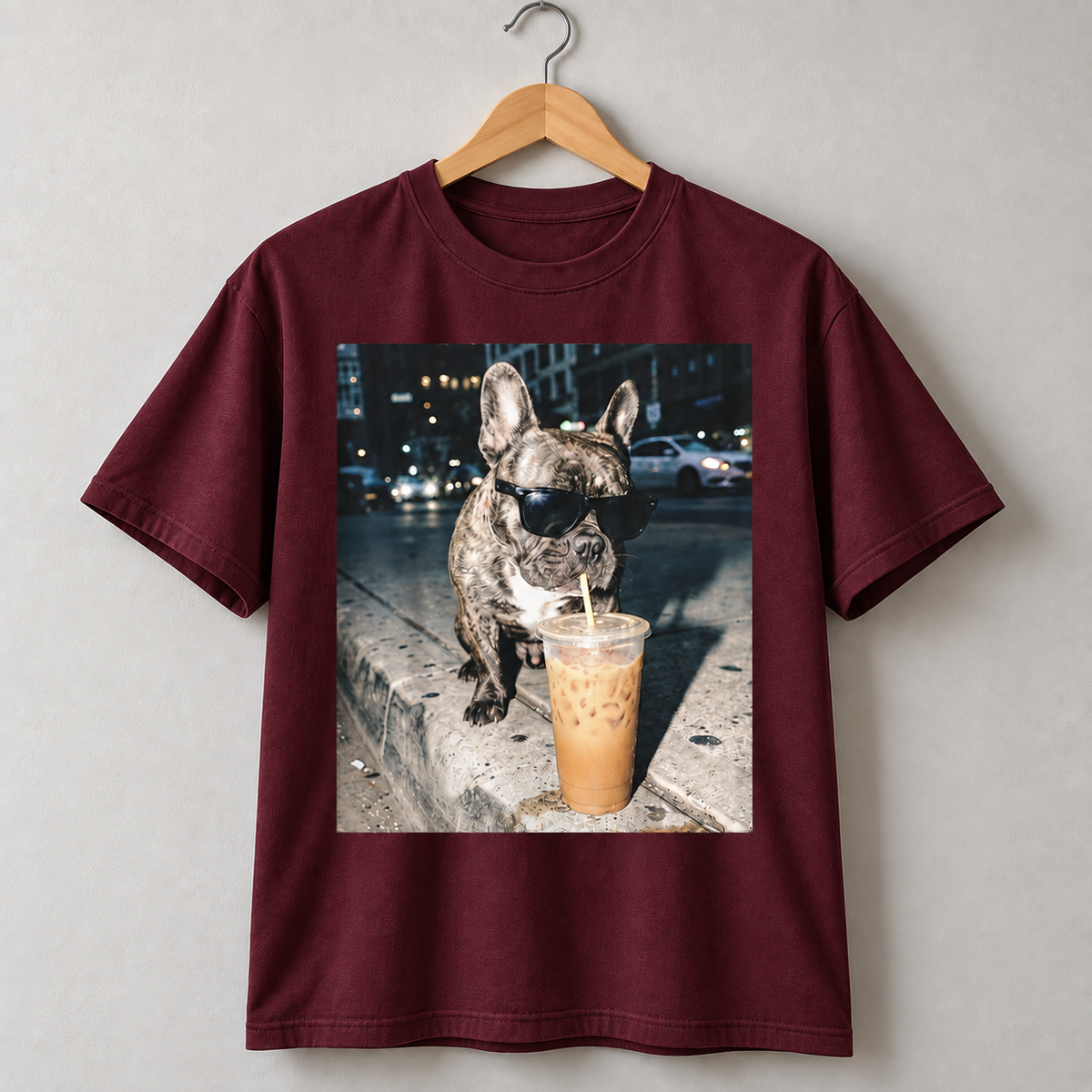 French Bulldog Iced Coffee Graphic T-Shirt Funny Frenchie Dog Lover Tee