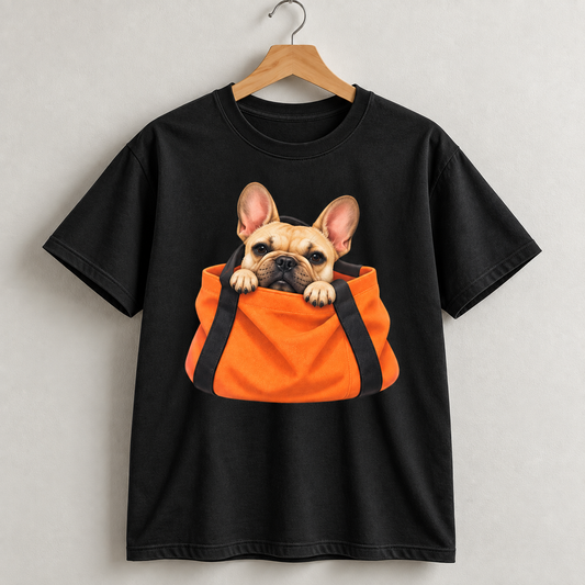 Cute French Bulldog T-Shirt – Frenchie in Bag Graphic Tee for Dog Lovers