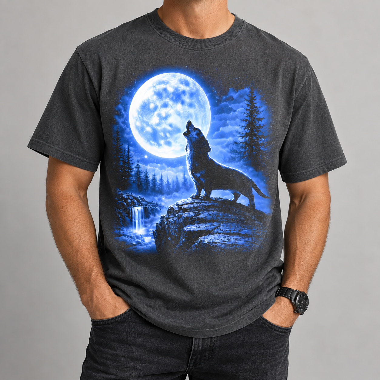 Corgi Howling at Full Moon T-Shirt, Night Forest Dog Tee