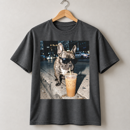 French Bulldog Iced Coffee Graphic T-Shirt Funny Frenchie Dog Lover Tee