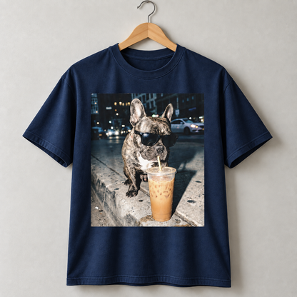 French Bulldog Iced Coffee Graphic T-Shirt Funny Frenchie Dog Lover Tee