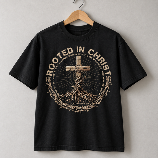 Rooted in Christ Jesus Christian Colossians 2:7 Bible Verse Faith T-Shirt