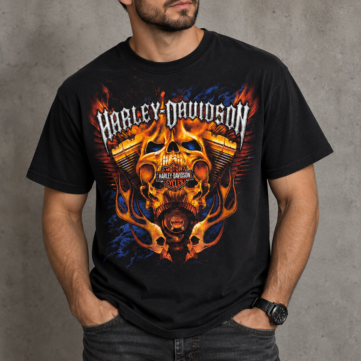 Harley-Davidson Skull Motorcycle T-Shirt, Flaming Biker Graphic Tee
