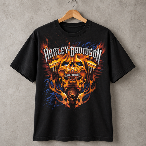 Harley-Davidson Skull Motorcycle T-Shirt, Flaming Biker Graphic Tee
