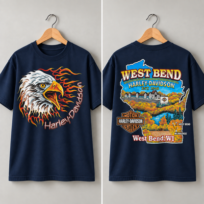 Harley-Davidson West Bend Eagle Flame Motorcycle Biker Graphic T-Shirt