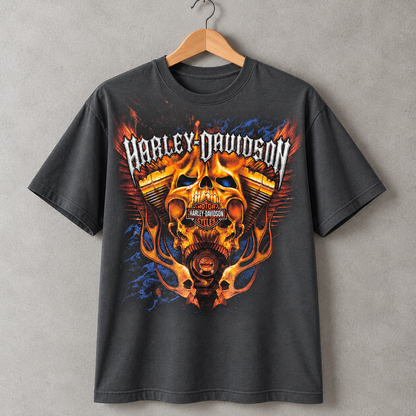 Harley-Davidson Skull Motorcycle T-Shirt, Flaming Biker Graphic Tee