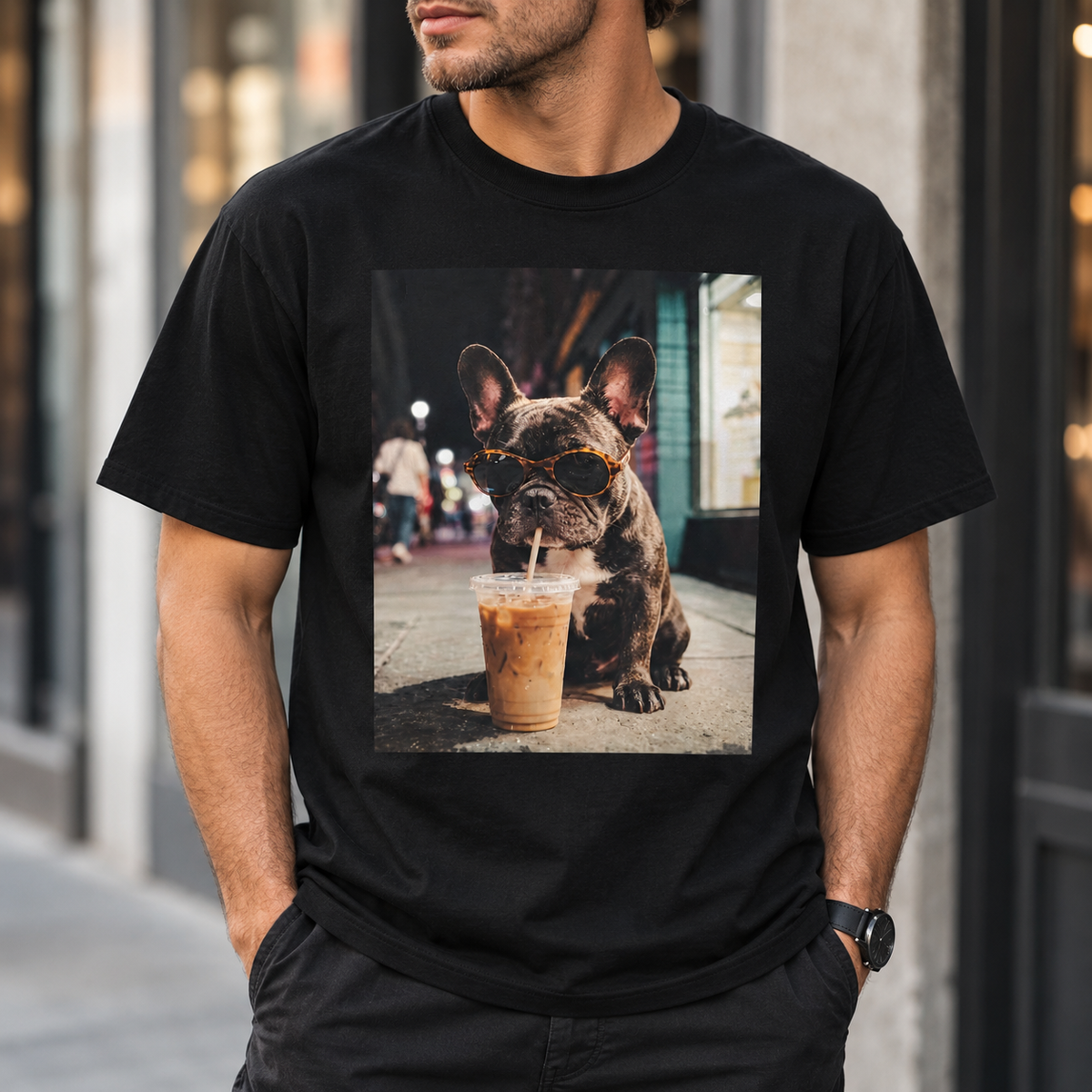 Funny French Bulldog Coffee Lover Graphic T-Shirt Frenchie Dog Tee