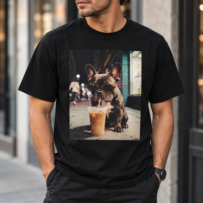 Funny French Bulldog Coffee Lover Graphic T-Shirt Frenchie Dog Tee