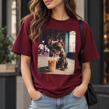 Funny French Bulldog Coffee Lover Graphic T-Shirt Frenchie Dog Tee