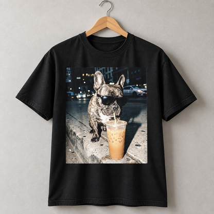 French Bulldog Iced Coffee Graphic T-Shirt Funny Frenchie Dog Lover Tee