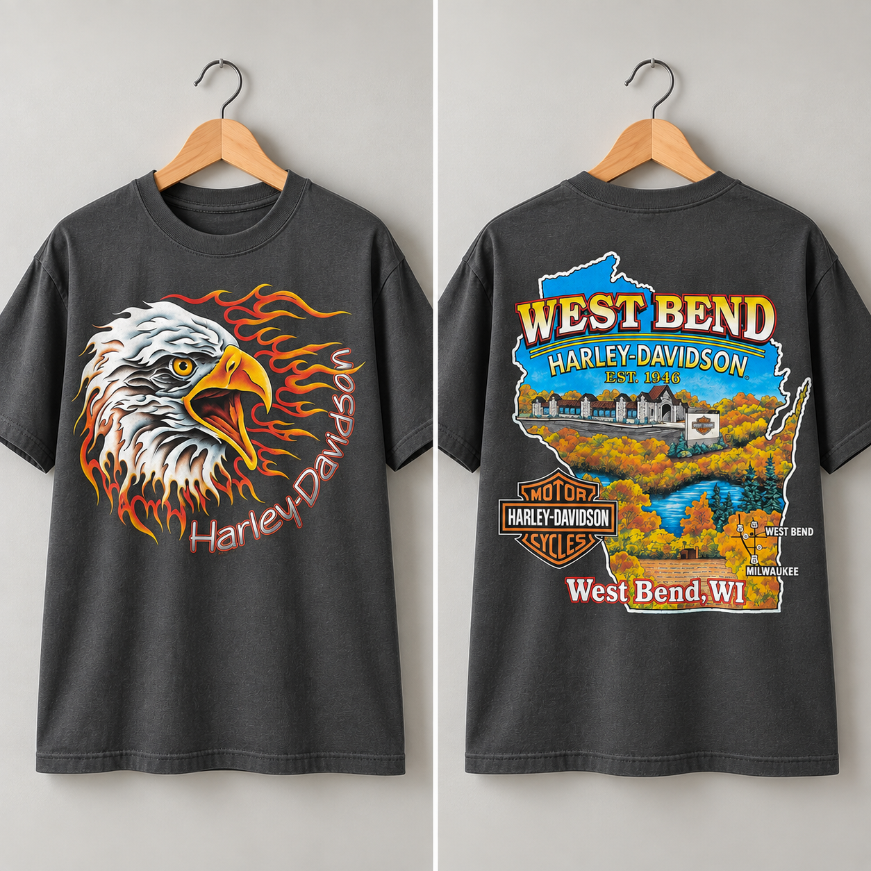 Harley-Davidson West Bend Eagle Flame Motorcycle Biker Graphic T-Shirt
