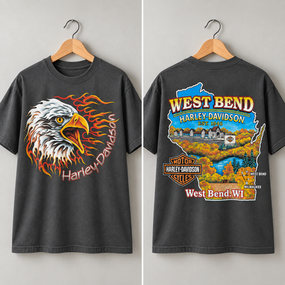 Harley-Davidson West Bend Eagle Flame Motorcycle Biker Graphic T-Shirt