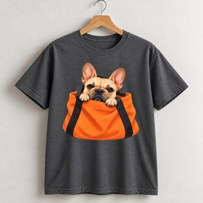 Cute French Bulldog T-Shirt – Frenchie in Bag Graphic Tee for Dog Lovers