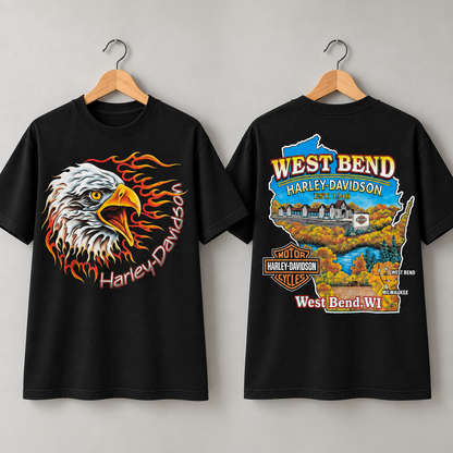 Harley-Davidson West Bend Eagle Flame Motorcycle Biker Graphic T-Shirt