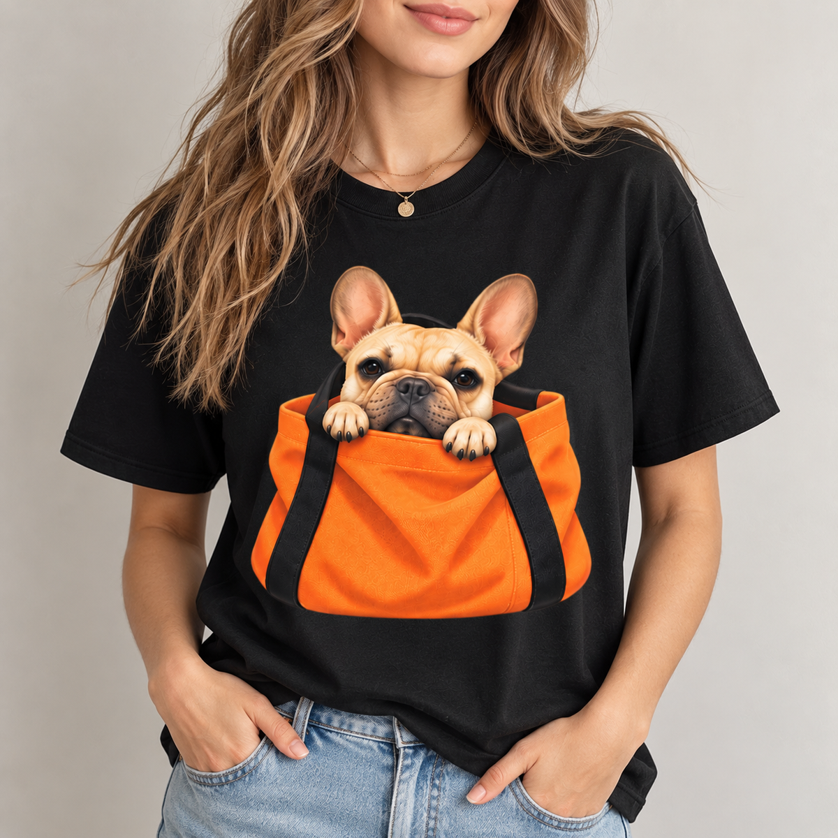 Cute French Bulldog T-Shirt – Frenchie in Bag Graphic Tee for Dog Lovers