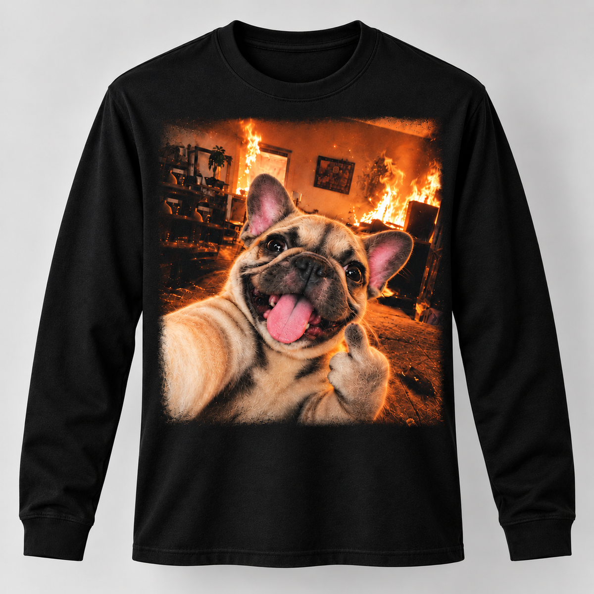 Funny French Bulldog Middle Finger Selfie Long Sleeve T-Shirt - Dog Meme Shirt