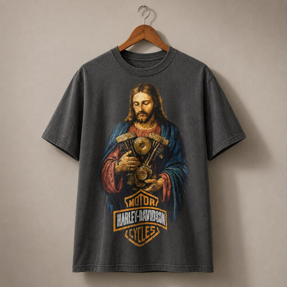 Vintage Jesus Biker Engine Graphic T-Shirt