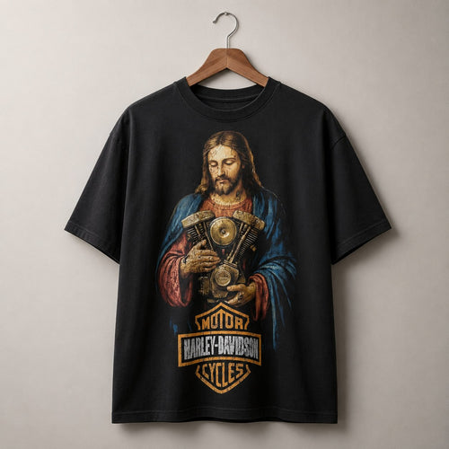 Vintage Jesus Biker Engine Graphic T-Shirt