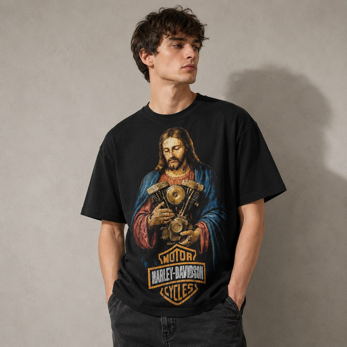 Vintage Jesus Biker Engine Graphic T-Shirt